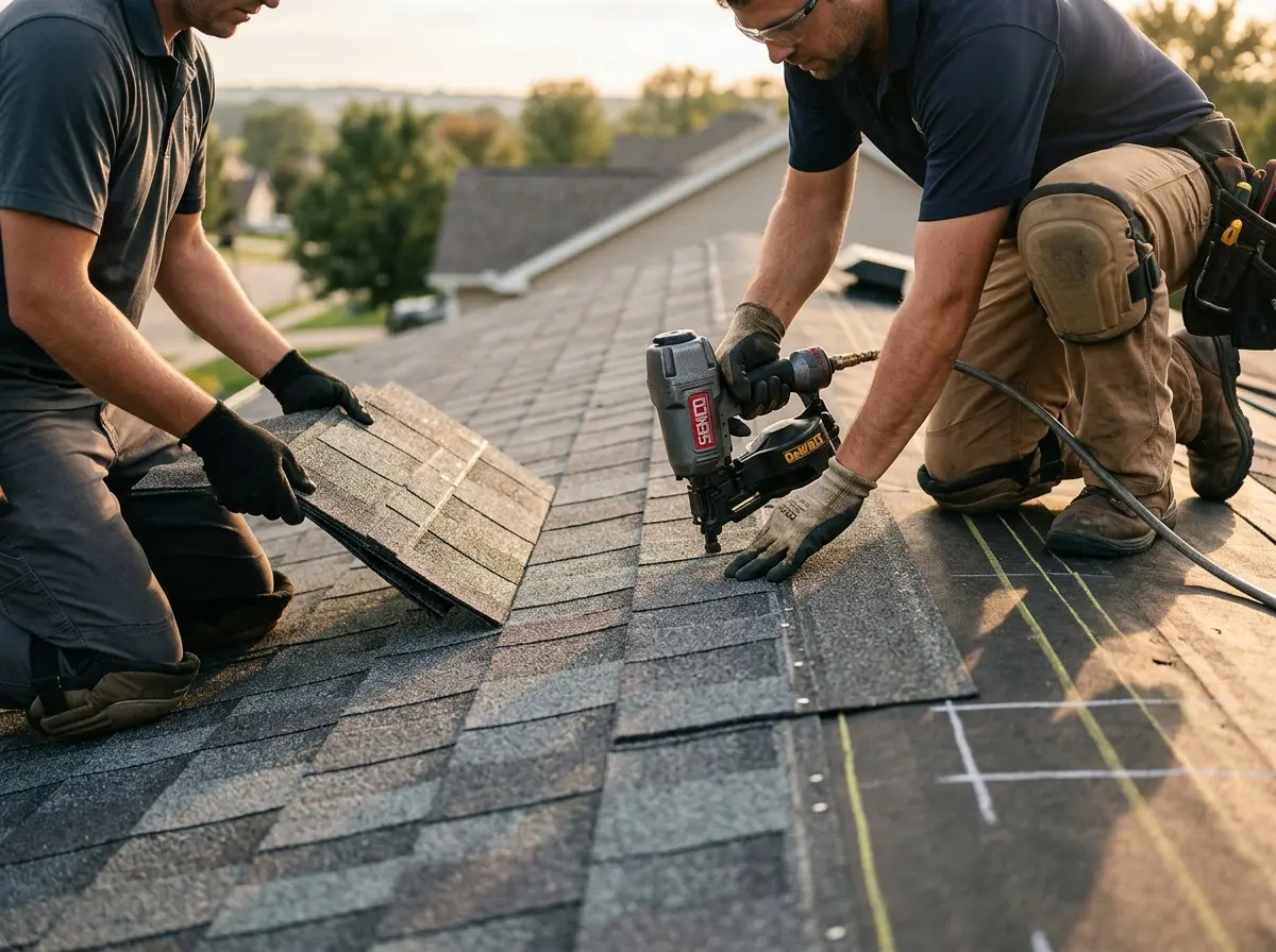 Professional roofer working on a residential roof in Burbank